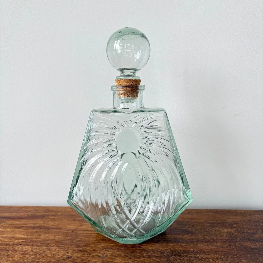 Vintage Green Glass Decanter Sunburst Geometric Bottle with Ball Stopper 9.5in
